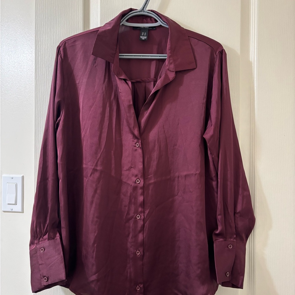 Burgundy Satin Button-Up Blouse